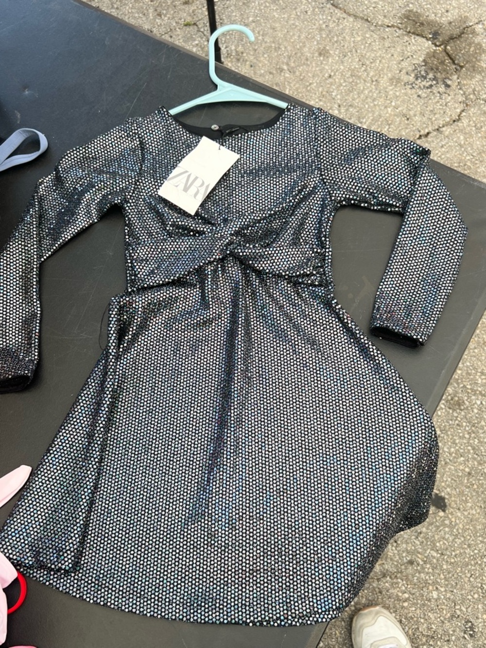 Zara Metallic Black Knot-Front Long-Sleeve Dress